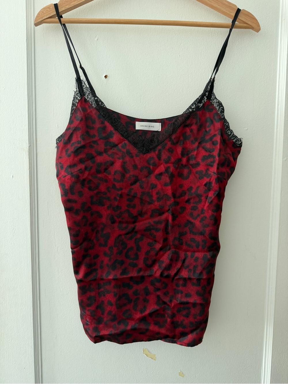 Anine Bing Red Leopard Satin Cami with Black Lace Trim